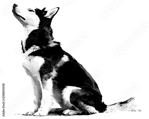 A detailed ink drawing of a Jack Russell Terrier dog stands alert with its tail curled upward on a white background in a illustration.