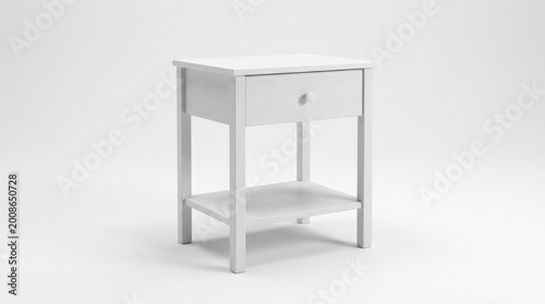 фотографія A white wooden nightstand with one drawer and a lower shelf on a plain white background, simple home furniture styling with soft studio shadows, ultra-realistic, no logos