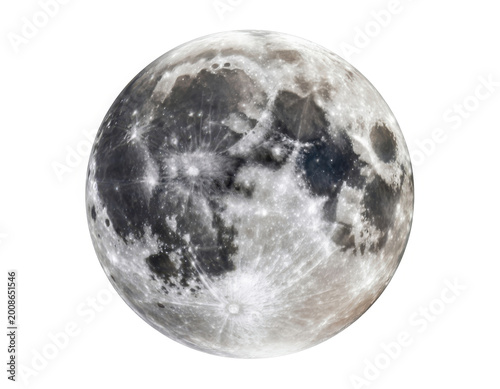 Detailed full moon sphere isolated on a white background, showing lunar craters, and texture