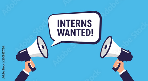 Marketing graphic with two megaphones announcing interns wanted in a speech bubble on a solid blue background for recruitment.