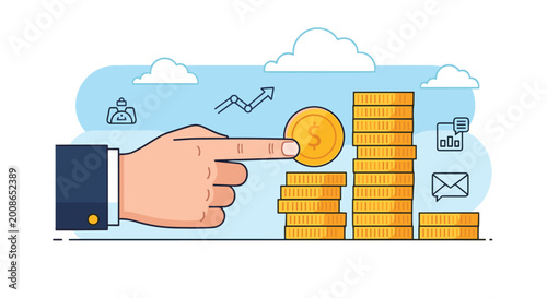 Businessman hand adding a golden coin to a stack of coins against a blue sky background with clouds and financial icons.