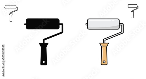 Side by side comparison of a solid black silhouette paint roller and a detailed color version with a wooden handle.