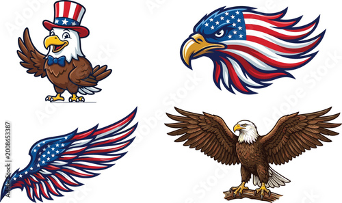 Bild auf Leinwand Patriotic American Bald Eagle Vector Mascot Set with USA Flag Wings and Uncle Sa