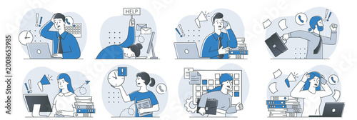 Foto Multiple office workers overwhelmed with tasks and deadlines in a clean minimal line-art style on light abstract backgrounds, illustrating workplace pressure concepts