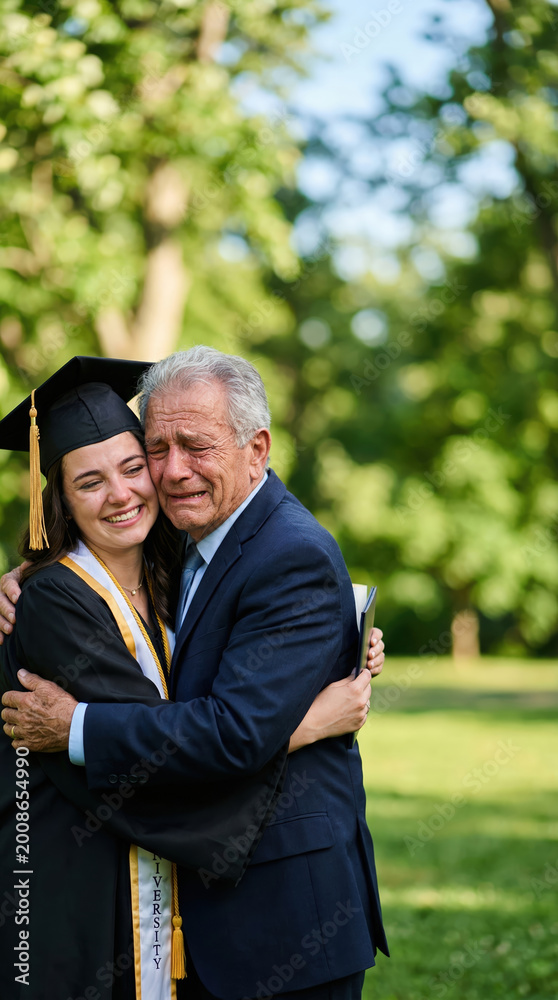 Fototapeta premium Graduate woman hugging emotional father in ceremony. Proud parent crying while embracing daughter at commencement. Family celebration of academic success and higher education milestone.