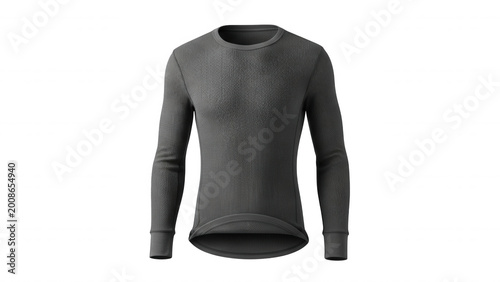 Dark gray long-sleeve thermal shirt with a crew neck and textured waffle knit fabric isolated on a black background