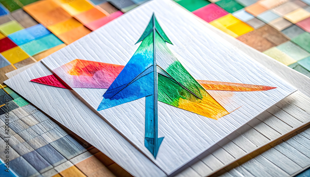Fototapeta premium abstract directional arrow graphic with vibrant watercolor fill pointing up and down, on textured paper with wood sample background, representing choice and direction