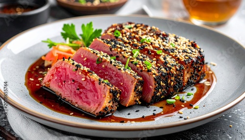Sesame crusted seared tuna steak with sauce.