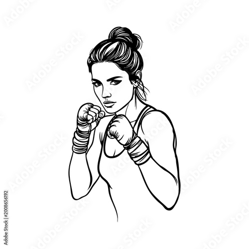 Logotipo con dibujo minimalista con líneas de una mujer con guantes de entrenamiento, en una posición de guardia de artes marciales 