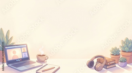 Cozy Pastel Home Office Workspace with Laptop Headphones and Plants on Minimalist Desk