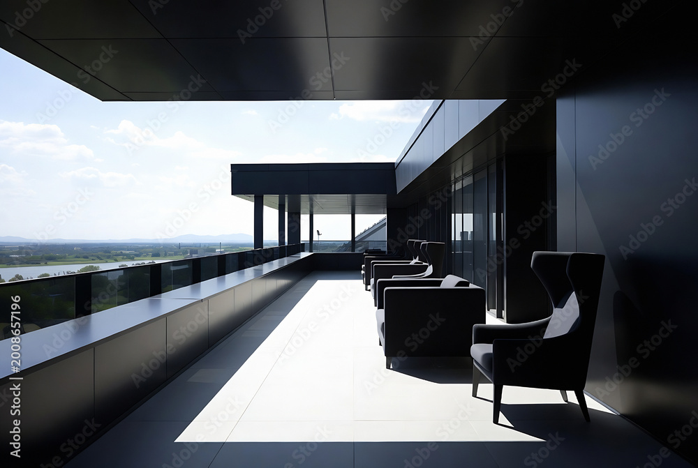 Naklejka premium A modern rooftop terrace with seating and a distant cityscape view. People are relaxing on the balcony.