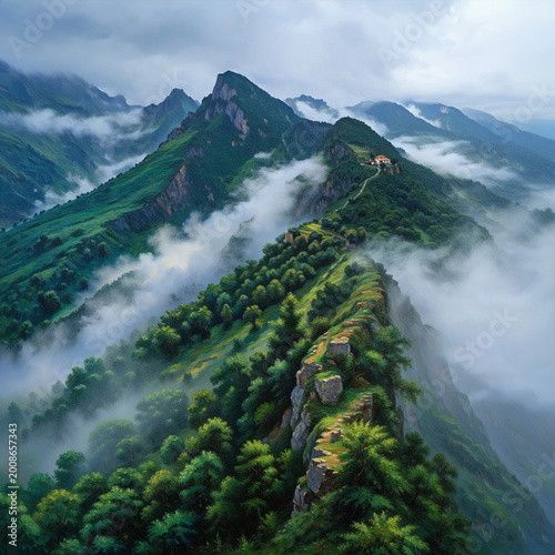 Misty Mountain Fortress Landscape Painting