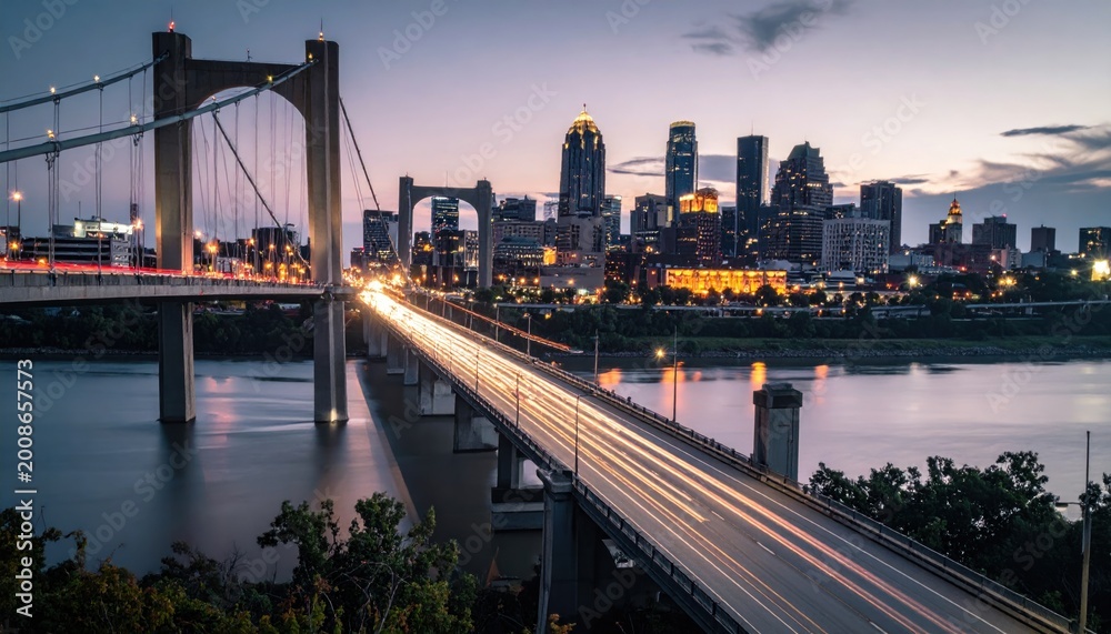 Fototapeta premium Cincinnati Skyline and Suspension Bridge at Dusk with Light Trails.