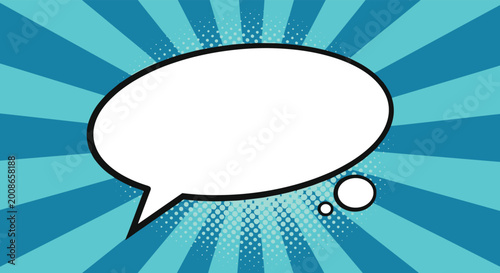 Empty white comic book speech bubble sits on a cyan sunburst background with halftone dots for retro pop art design.