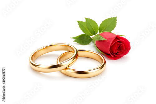 Two interlocking golden wedding rings next to a red rose bud isolated on a white background