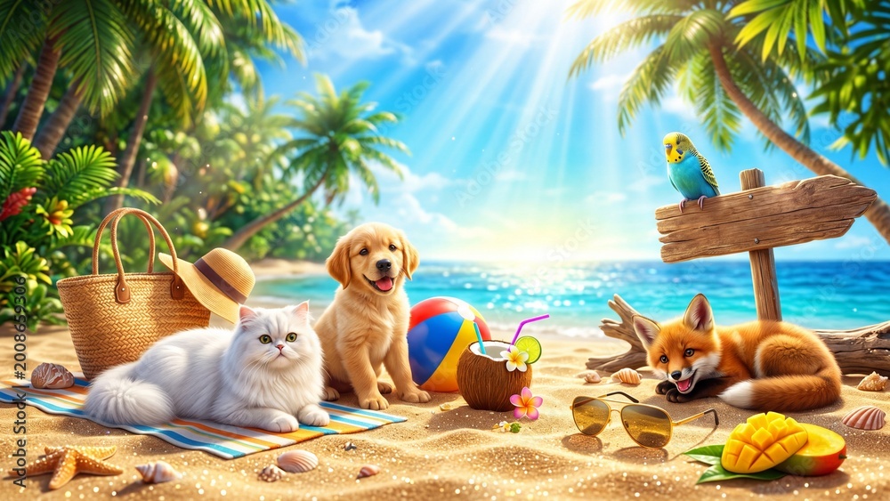 Obraz premium White persian cat and golden retriever puppy relaxing on beach towel. Red fox lying nearby with blue parakeet on signpost. Tropical summer vacation scene with palm trees ocean coconut drink and mango