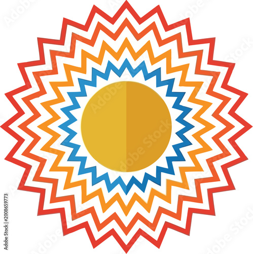 Sunburst emblem features colorful zigzag layers radiating from the center.