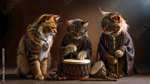 Three tabby cats in ethnic tribal clothing playing traditional drums in a studio setting