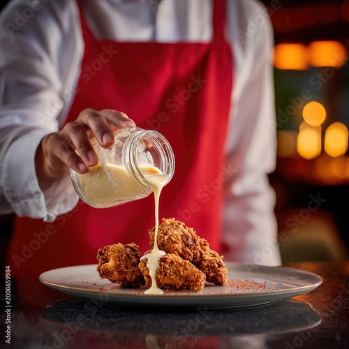 Chef Pouring Sauce Over Crispy Fried Chicken