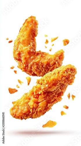 Fried chicken tenders flying isolated on white background. Crispy and delicious chicken strips with bread crumbs floating in air, isolated on white 