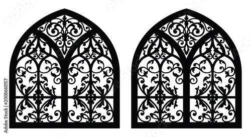 Tableau sur toile gothic window silhouettes with ornate tracery detail black on white silhouette