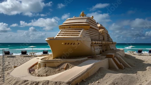 Massive sandcastle built in the shape of a luxury cruise ship on a tropical beach with turquoise water