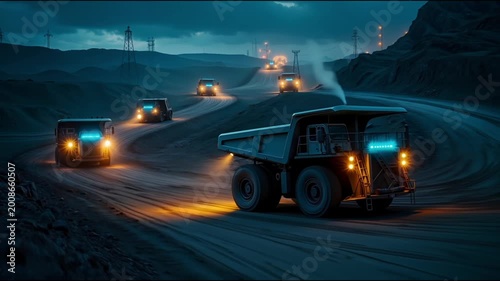 Massive industrial mining trucks transporting heavy materials on a dark dirt road at night with glowing lights