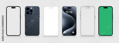 Smartphone mockup set with transparent screen isolated on transparent background, detailed mobile phone mockups, black models smartphone template front view, model 3D mobile phone.