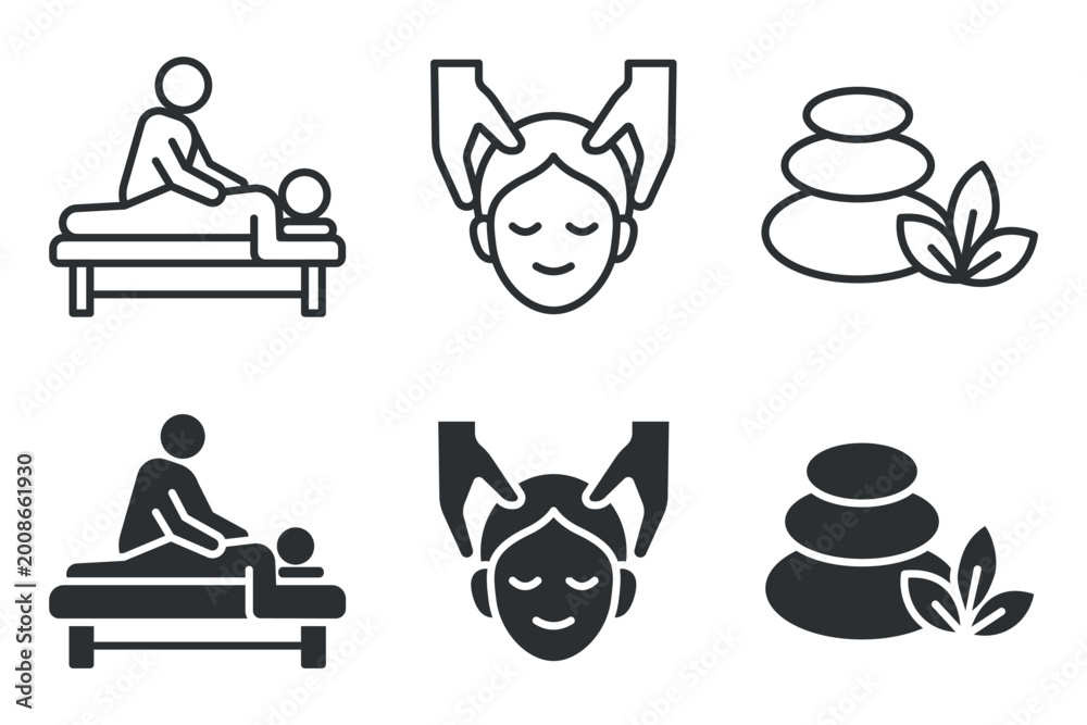Obraz premium Spa icon set featuring massage therapy, head massage, and hot stone treatment symbols.