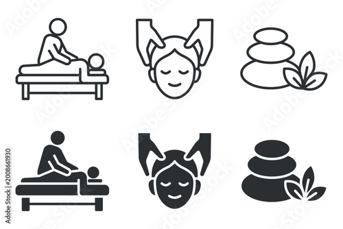 Spa icon set featuring massage therapy, head massage, and hot stone treatment symbols.