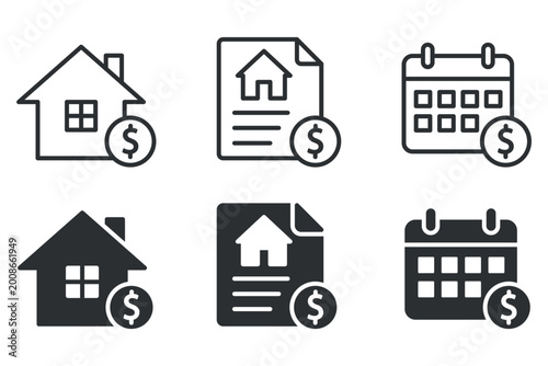 Real estate icon set: home, document, calendar with dollar signs.