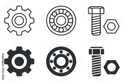 Engineering icons: gears, bolts, and bearings in monochrome.