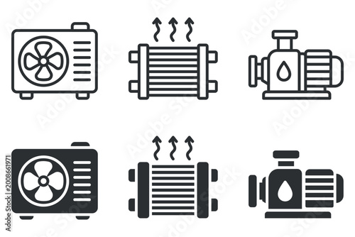Industrial hvac system components: fan, heat exchanger, pump icons.