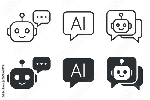Abstract ai robot icon set with speech bubbles in black and white.