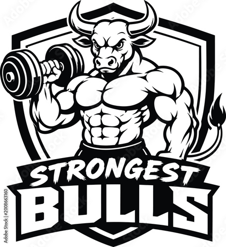 Photos Black and white of a muscular bull mascot with strongest bull text strong bull