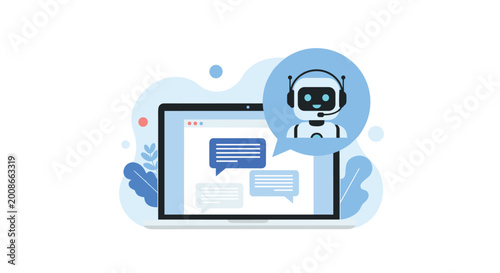 Laptop display shows a customer service chat window with a robot assistant icon inside a speech bubble for help support.