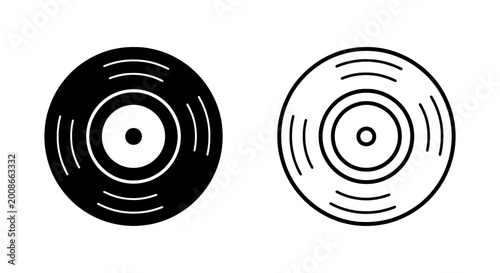 Vinyl records, black and white icons, music symbols, vector graphics