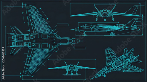 AutoCAD Solar Aircraft Blueprint Vector – Futuristic Aerospace Vehicle Multi View Cyan Outline on Black Background
