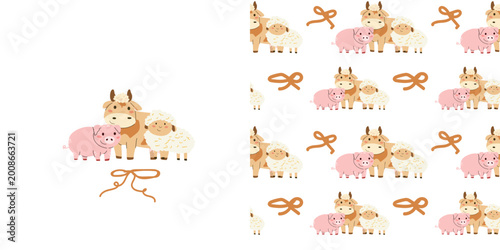 Foto Seamless pattern with bows and farm animals print