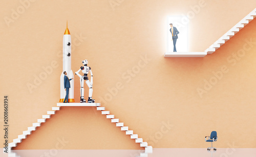 Robot, businessman and rocket as a symbol of startup. AI technology generates and introducing a new business protects to investors. 3D rendering