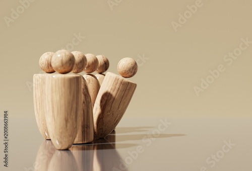 Abstract Wooden People – Teamwork, and Success Concept. The scene symbolizes people working together to build ideas, manage resources, and achieve common goals in business 3D rendering