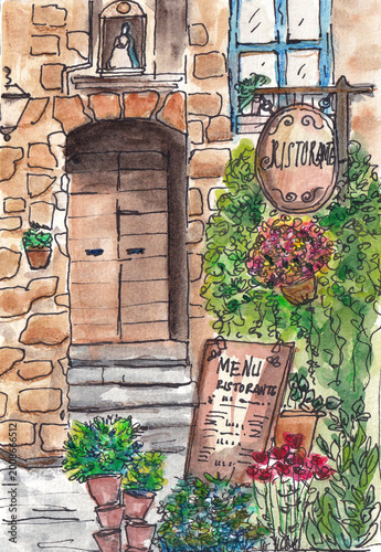 Illustrazione ad acquerello di un ristorante italiano rustico con ingresso fiorito