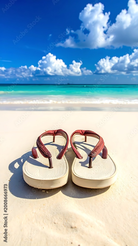 Naklejka premium Red flip flops on sandy beach.
