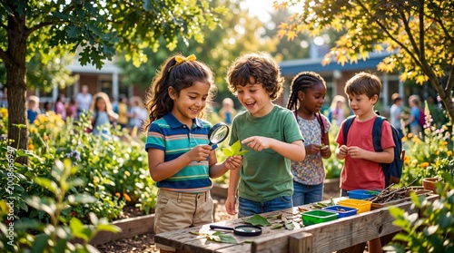 Diverse children examining leaves with magnifying glasses at wooden table in school garden. Educational activity for kids learning botany and environmental awareness