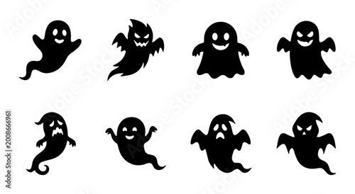 Foto 8 ghostly figure silhouettes in various poses and expressions on white backgroun