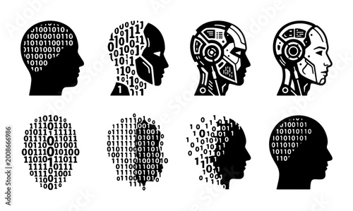 Bilde på lerret vector set of six black and white human heads in silhouette form each featuring