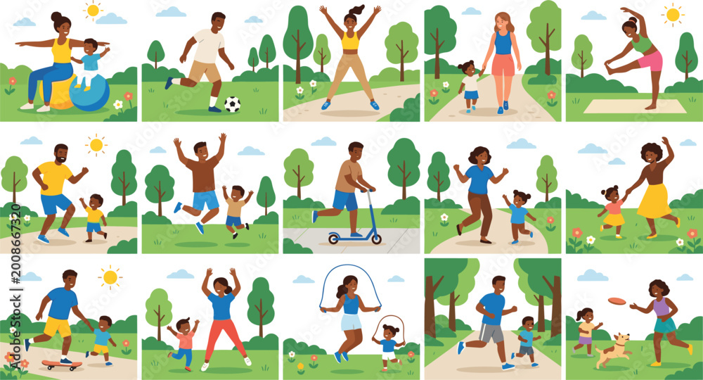Fototapeta premium Families and Individuals Engaging in Outdoor Fitness, Sports, Yoga, Running, and Play Activities in Park and Nature Settings for Healthy Lifestyle, Recreation, and Active Life Illustrations.
