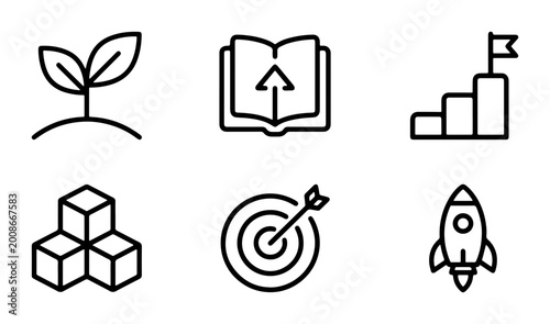 Photos vector set of business and progress symbols including plant seedling book with a