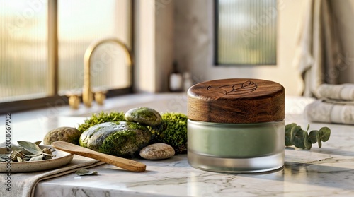 Natural Green Face Cream in Glass Jar With Wooden Lid on Marble Countertop for Luxury Skincare Branding
