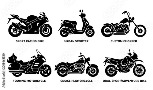 Fotografie Motorcycle silhouette set sport bike scooter chopper side view vector illustrati
